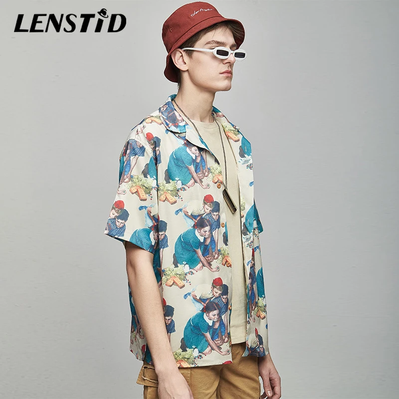 LENSTID Винтаж Живопись печати рубашки для мальчиков летняя мода повседневное