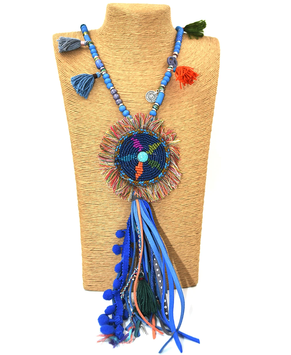 

New handmade Boho wooden beads chain leather tassel pendents necklce unique Bohemia long fringe pendants Necklaces