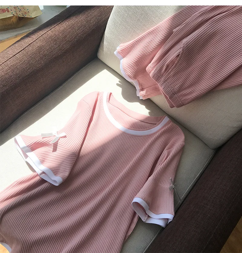 Женские пижамные комплекты, однотонный пуловер с круглым вырезом и коротким рукавом+ длинные штаны с эластичной резинкой на талии, летний корейский женский милый комплект из 2 предметов
