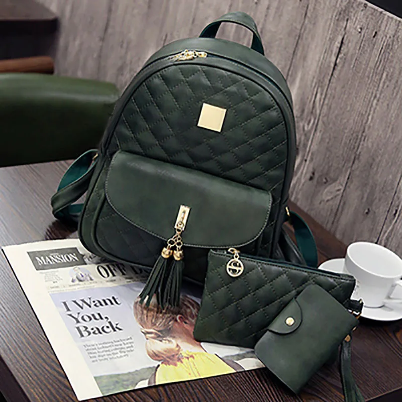 Women Small Vintage Backpack Women's Bag Set Waterproof Retro Bear Pendant Bags Set Of 3 Female Luxury Cute Leather Backpacks - Цвет: NLS without pendant