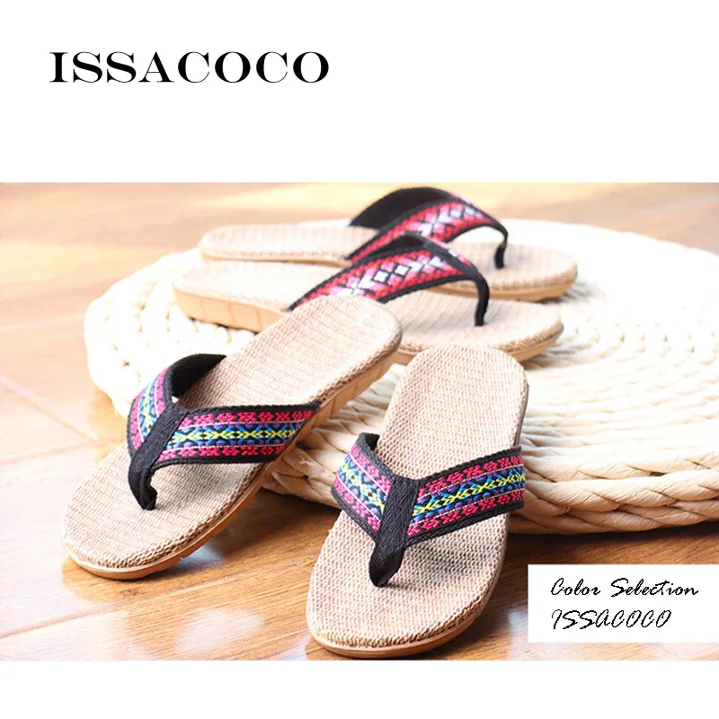 ISSACOCO 2020 Women's Linen Flip Flops Slippers Women Flat Indoor Hemp Non-slip Flax Beach Flop | Обувь