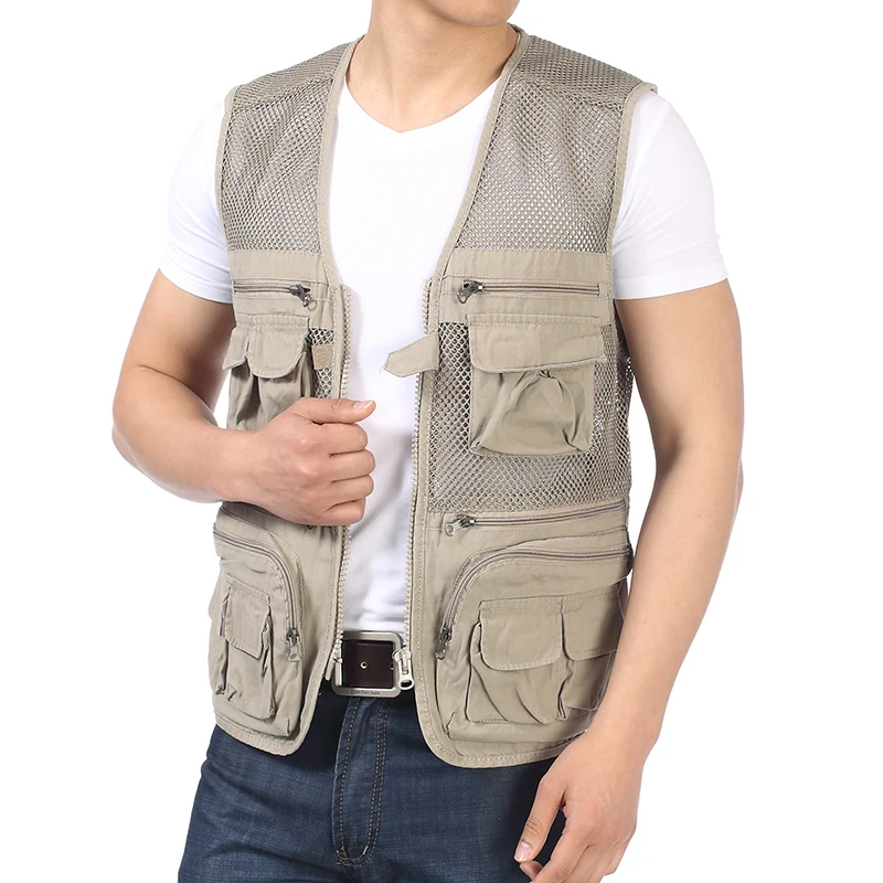 

Men Daily Vests Army Green Beige Mesh Cotton Patchwork Waistcoat Male Multi Function Pockets Gilet Man Herringbone Weskit Vest