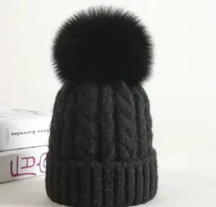Women Black ZJBECHAHMU, модная новинка, натуральный Лисий мех, норка, помпоны, 15 см, шапка для женщин, детей, зимняя, однотонная, шерстяная, уличная, теплая, Skullies Beanies, шапки - Цвет: Women Black