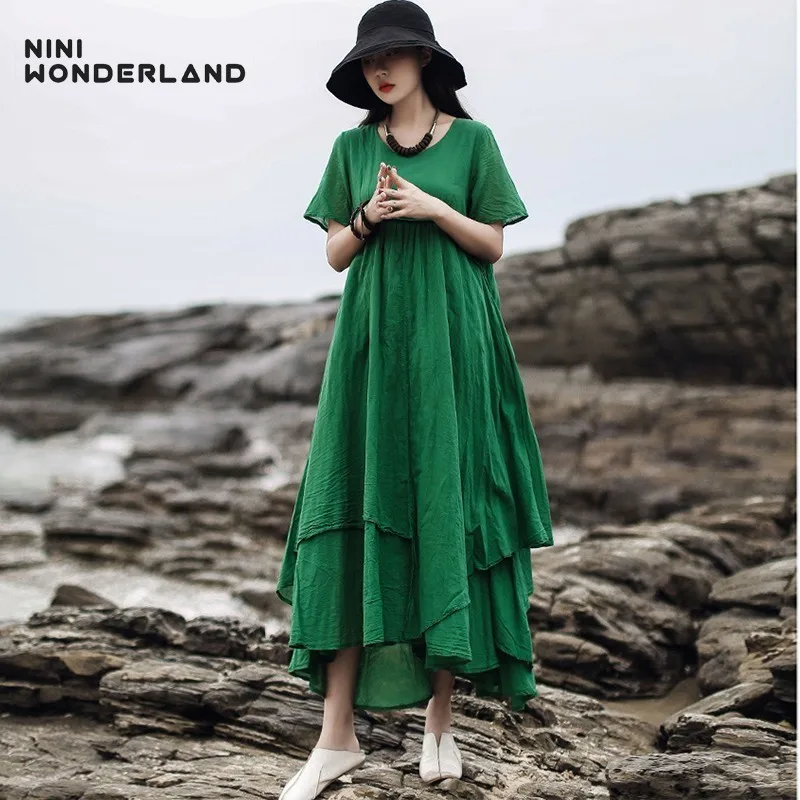 NINI WONDERLAND женское хлопковое винтажное платье Летнее однотонное асимметричное в