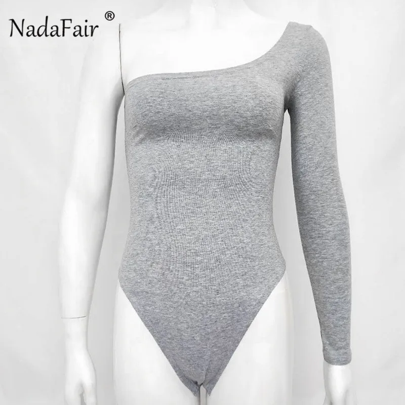Nadafair, на одно плечо, сексуальные женские комбинезоны, с длинным рукавом, Одноцветный, бодикон, боди, женские комбинезоны, весна, повседневные топы, белый, черный - Цвет: Серый