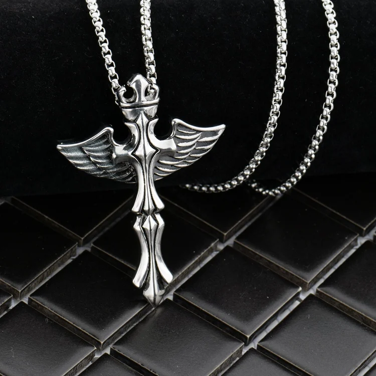 MCSAYS Punk Jewelry Crown Cross Wings Silver Stainless Steel Pendant Box Chain Necklace For Biker Men/Women Gift 3GM | Украшения и