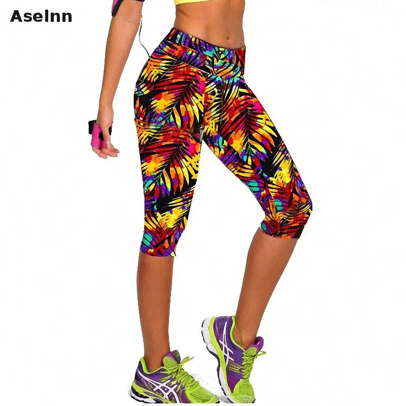 Aselnn брендовые новые Капри женские леггинсы с высокой талией цветочным принтом