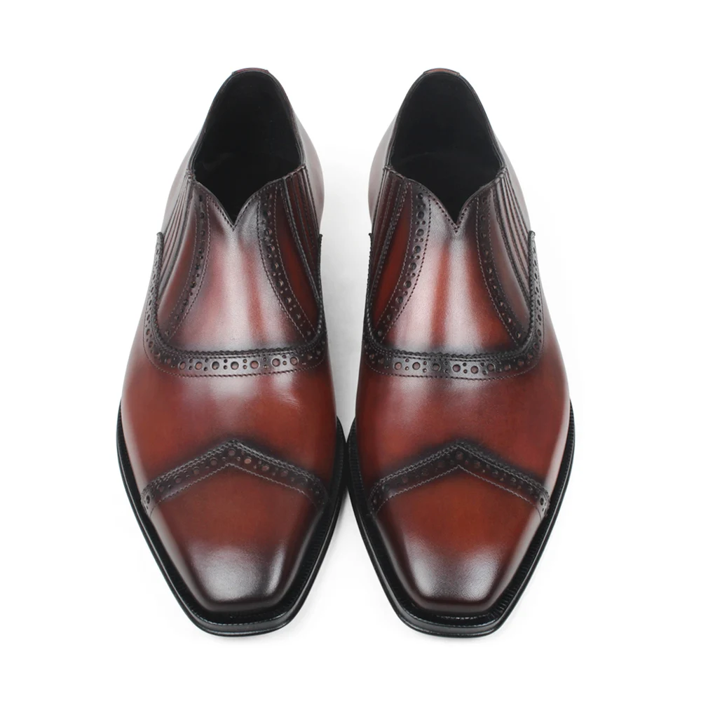 VIKEDUO Italy Loafers For Men Brown Patina Fashion Men's Shoes Casual Leather Male Brogue Wedding Office Slip-On Footwear | Обувь