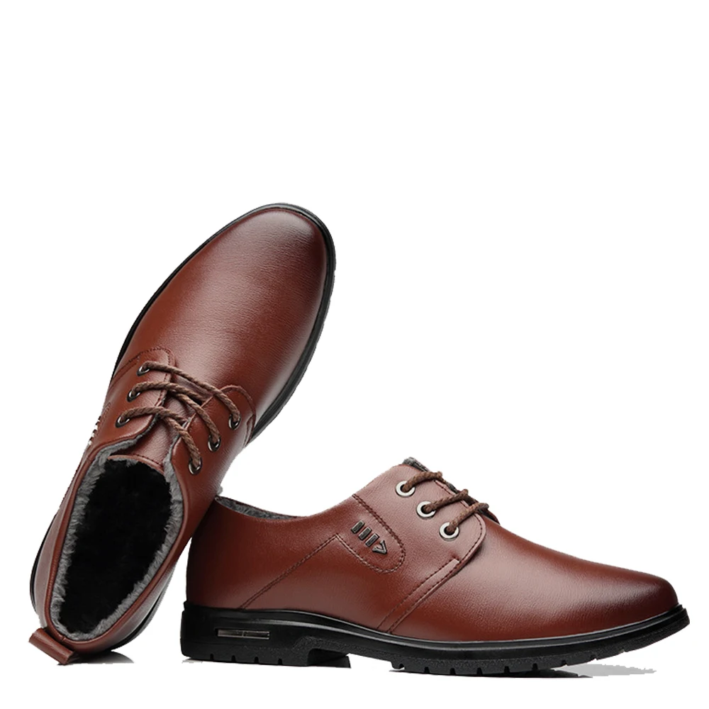 QFFAZ snow winter plush leather mens shoes casual men business dress Classic oxfords for male Wedding Shoes | Обувь