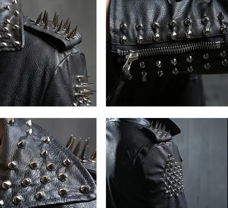 

Men's lapel leather Slim fashion new rock singer costume punk stage rivet black short PU leather jacket M--2XL