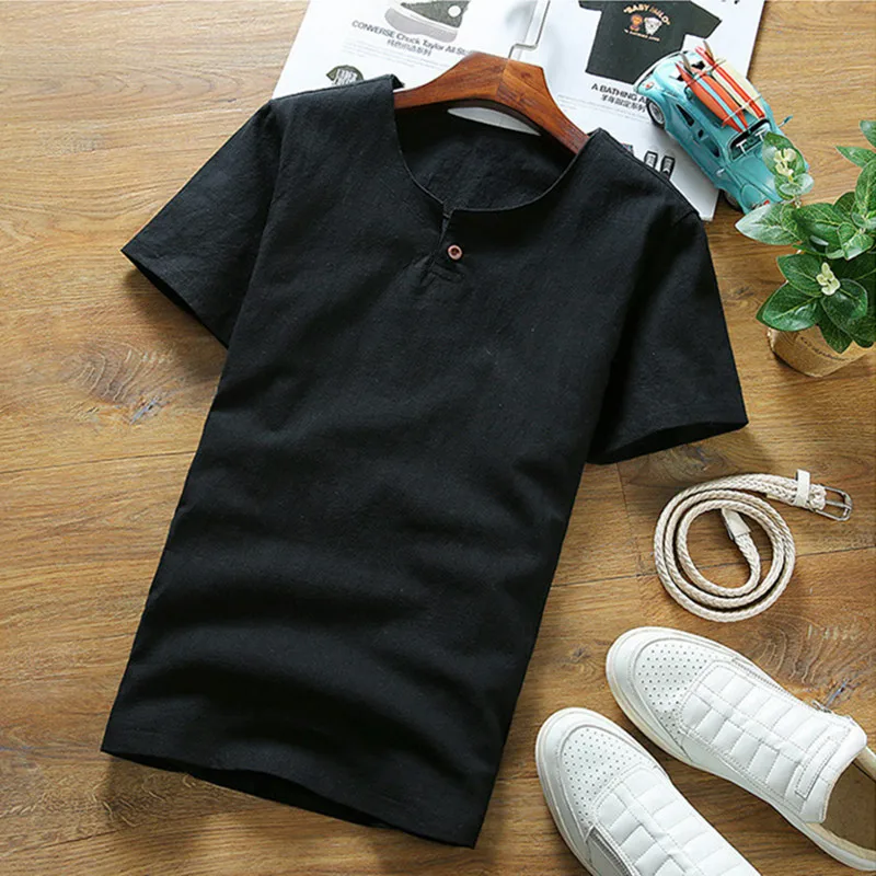 Блузка женская летняя однотонная из 2019 хлопка и льна с круглым вырезом | Мужская