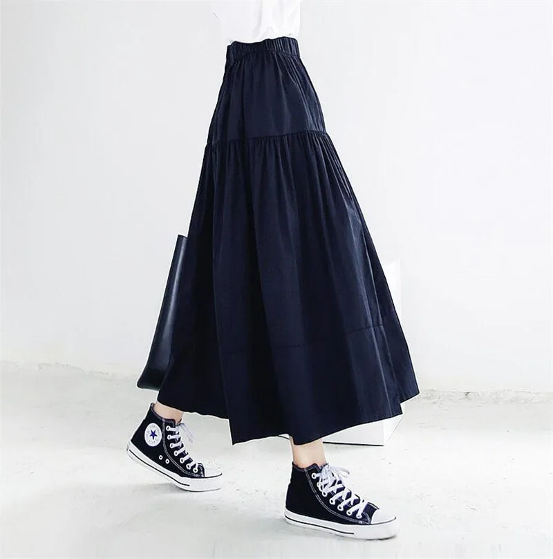 navy blue Лето-осень, женские длинные юбки,, одноцветная, элегантная, высокая эластичная талия, а-силуэт, макси юбка размера плюс, юбки, M-7XL, черный, хаки, синий - Цвет: navy blue