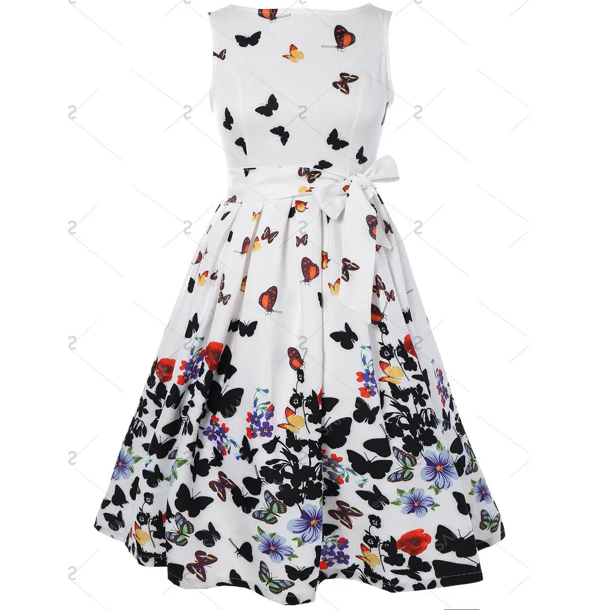 50'S 60'S Women Vintage Summer Dress Butterfly Print Casual White Evening Party Sleeveless | Женская одежда