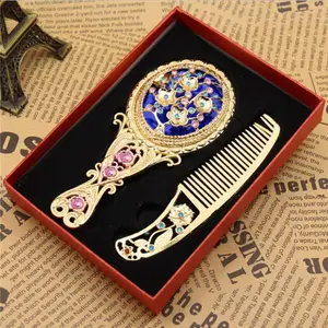 Зеркало для макияжа, ретро, с кристаллами, цветами, металлическое, портативное, винтажное, зеркало и Расчёска в комплекте