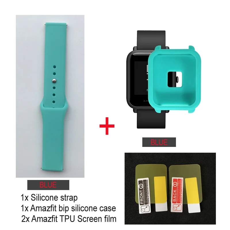 blue strap-blue 4в1/упаковка силиконовый мягкий ремешок для Xiaomi Huami Amazfit Bip BIT Молодежные часы браслет резиновый Amazfit bip чехол Крышка - Цвет: blue strap-blue