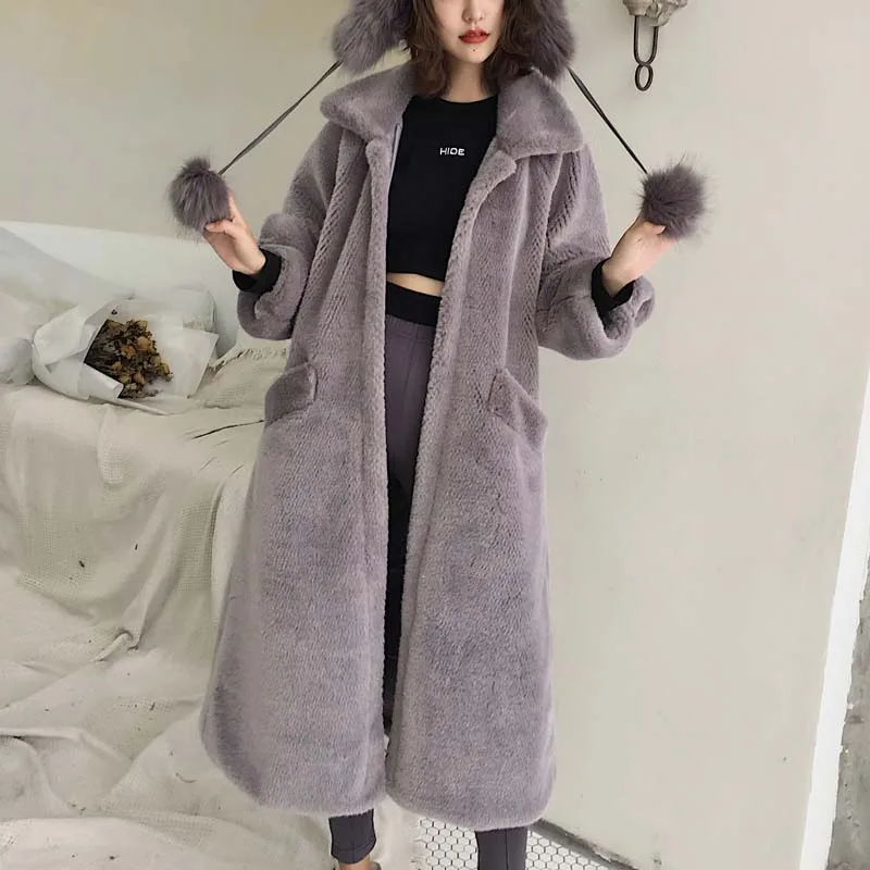 gray faux fur coat Длинное пальто большого размера с карманами из искусственного меха для женщин уличная мода уютное пальто из искусственного меха норки Куртки Толстая теплая мягкая верхняя одежда - Цвет: gray faux fur coat