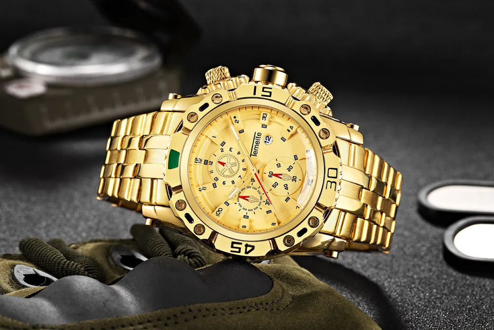 Temeite роскошные золотые часы для мужчин из нержавеющей стали Кварцевые мужские s часы большие модные повседневные наручные часы с календарем Мужские часы