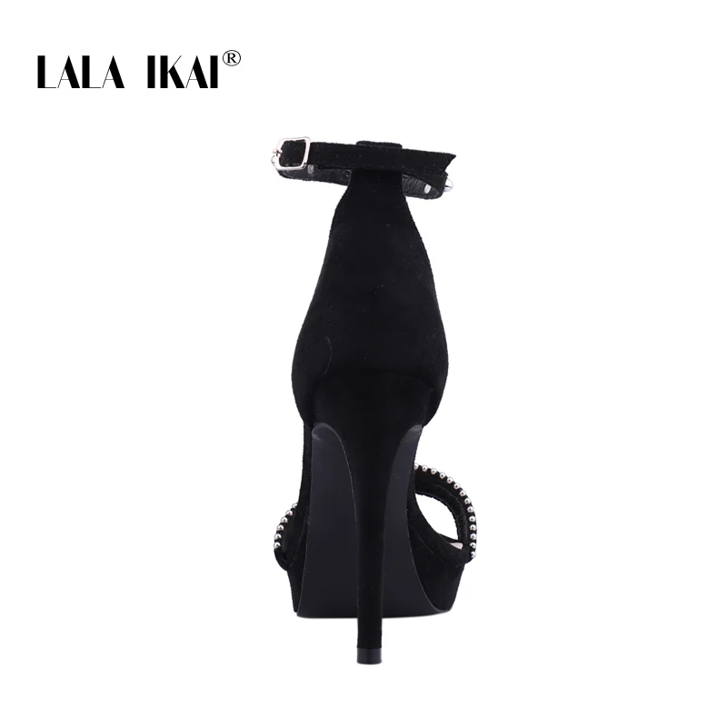 LALA IKAI/модные босоножки; женские туфли из флока на очень высоком тонком каблуке с ремешком и пряжкой; Свадебные вечерние туфли; sandalia feminina; 014C3320-5