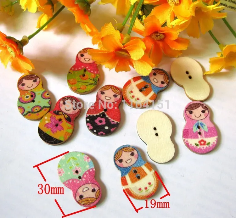 

200pcs 19x30mm 2 Holes Mixed Russian Dolls Painted Wooden Buttons for craft handmake Scrapbooking botones/botoes