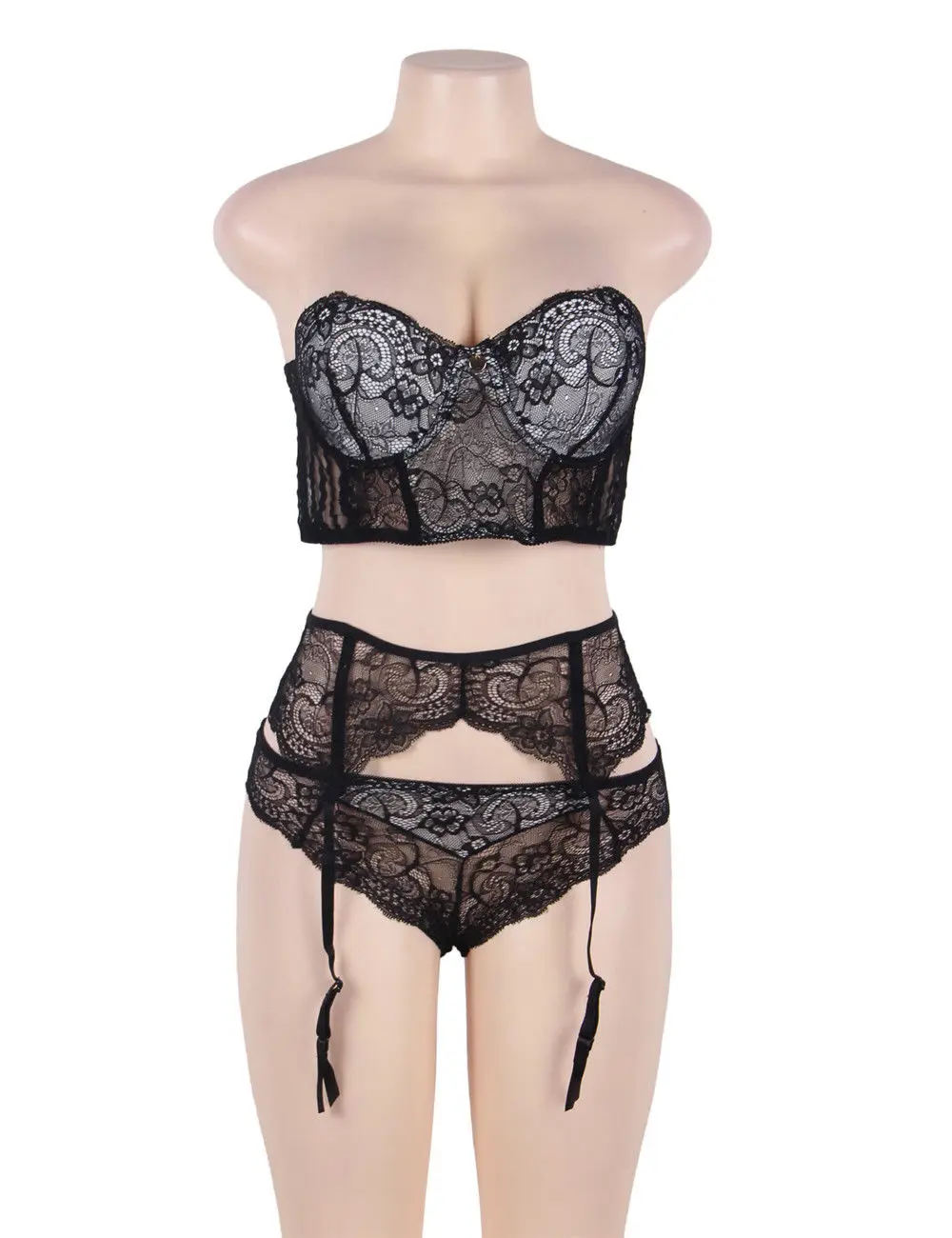 

Sexy 3PC Sheer Black Floral Striped Wire Bustier Embroidery Bra Top Garter Belt Panty Babydoll Lingerie Set Plus Size M-5XL