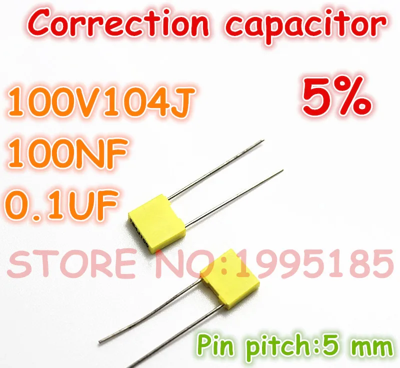 

100pcs/lot correction Capacitor 100V104J 100NF 0.1UF 5% Metallized polyester film capacitor Pin pitch 5 mm
