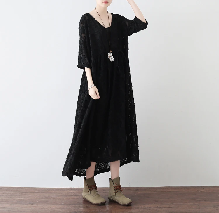 2017 осенние черные женские шелковые шифоновые свободные платья ретро большие