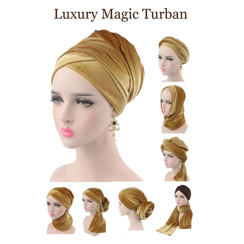 Новая модная женская бархатная длинная головная повязка в виде чалмы, сетка, бархат, двойной слой, золотой бисер, мусульманский хиджаб, шарф, тюрбант, галстук, головной убор