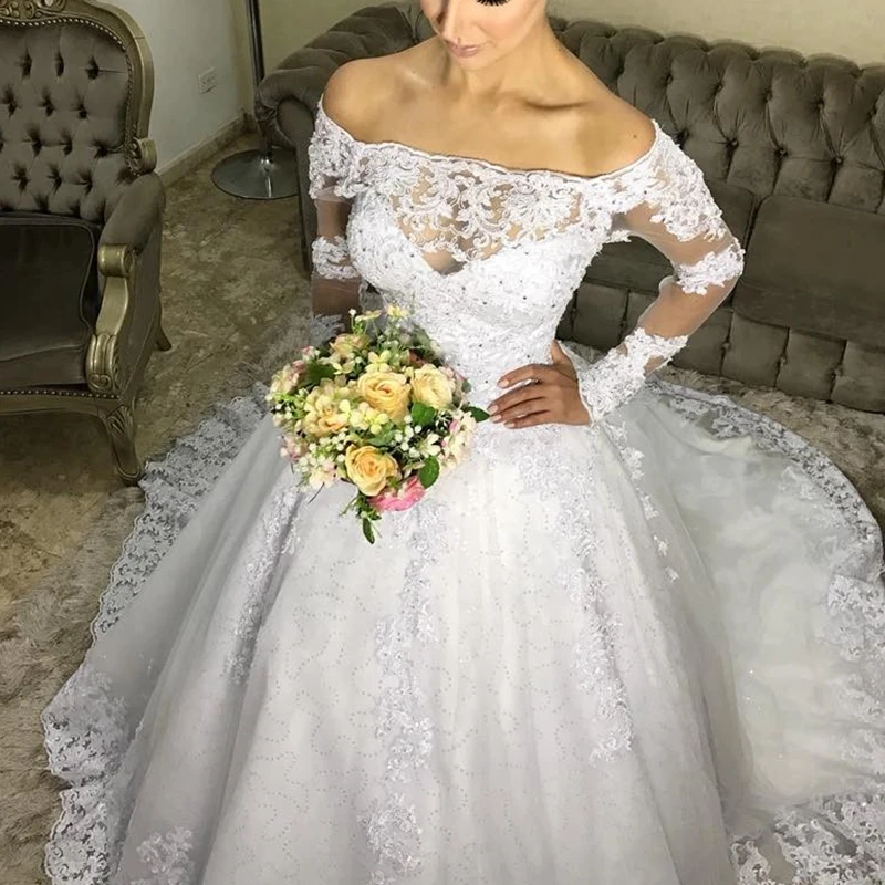 Vestido de Noiva, бальное платье с длинными рукавами, свадебные платья, роскошное свадебное платье с длинным шлейфом, свадебное платье невесты