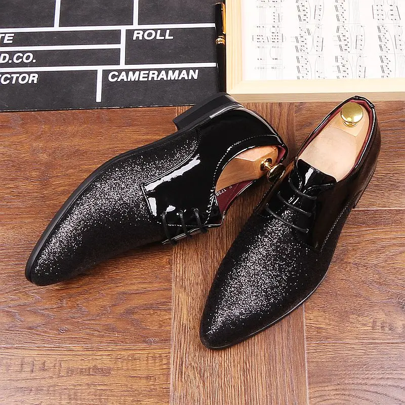 

Lace up man fashion dress wedding oxfords shoes pointed toe formale office gentleman business shoes shiny red black sliver shoes