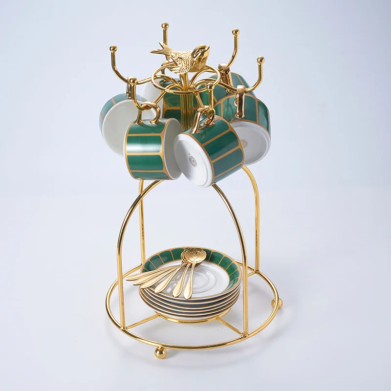 Green 6Cups Birdcage Позолоченная керамическая кофейная чашка, блюдце, ложка, набор, 150 мл, роскошная фарфоровая чайная чашка, элегантная чайная чашка, кофейная чашка эспрессо, Прямая поставка - Цвет: Green 6Cups Birdcage