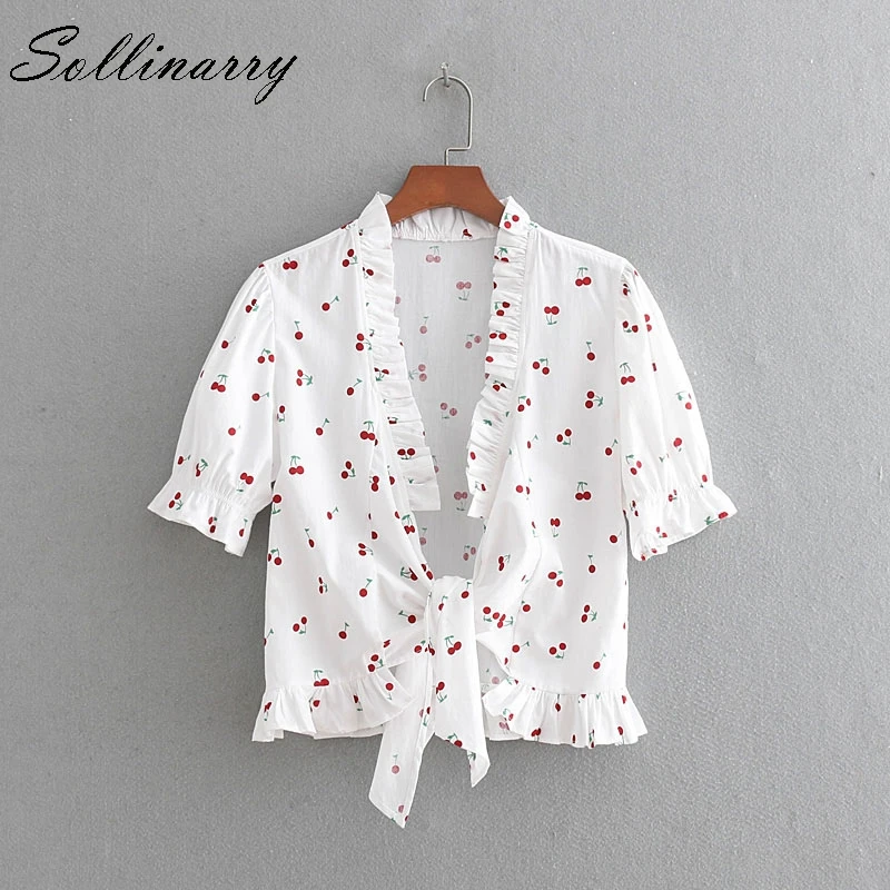 Sollinarry/Летний укороченный топ с принтом вишни и юбка костюмы для женщин