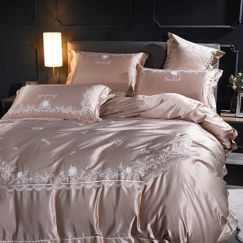 Luxury Bedding Set embroidery Bed champagne Sheet two-sided Duvet Cover Queen King Size Linen | Дом и сад