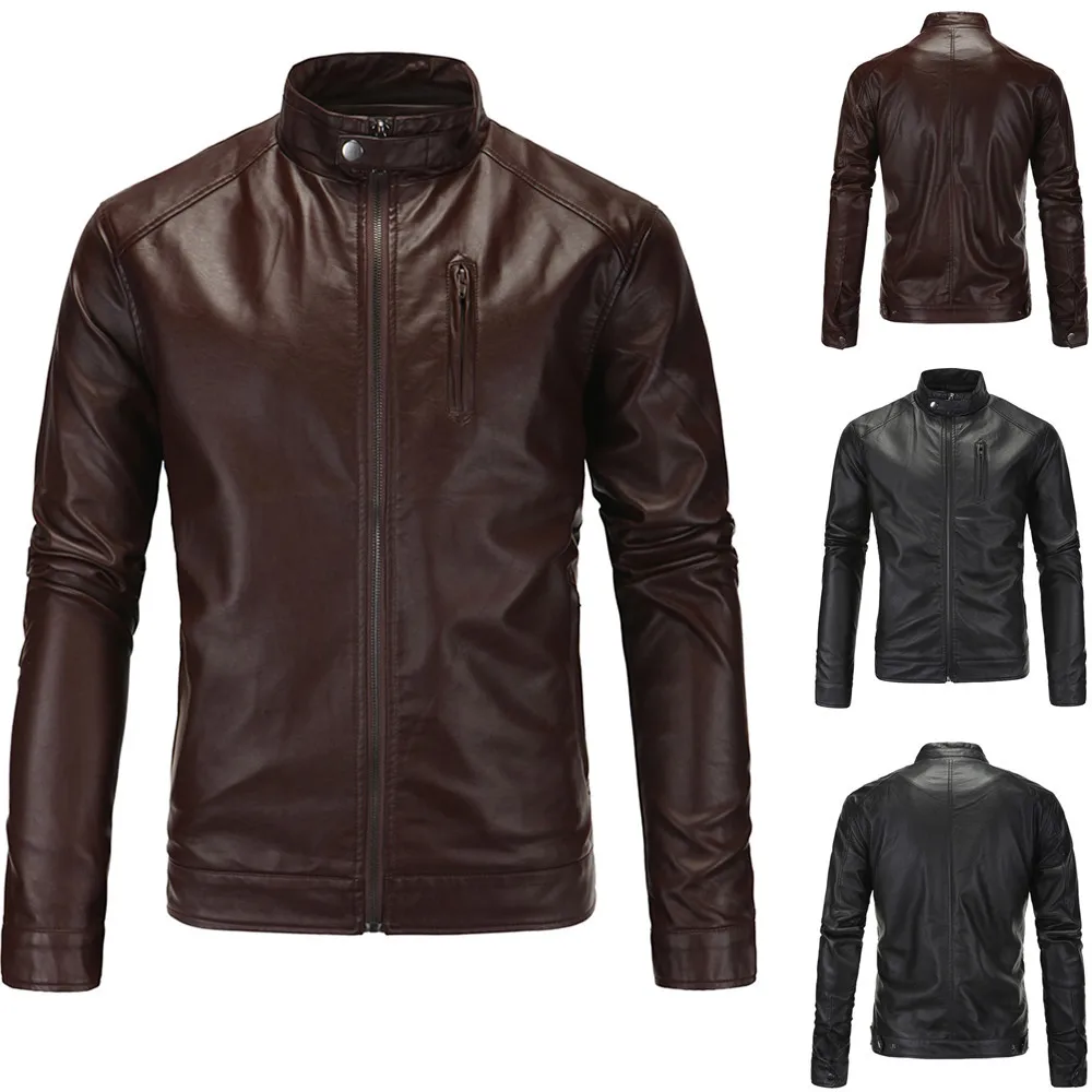 Fashion Winter Men Faux Leather Jacket Slim Black Stand Pockets Motorcycle PU | Мужская одежда