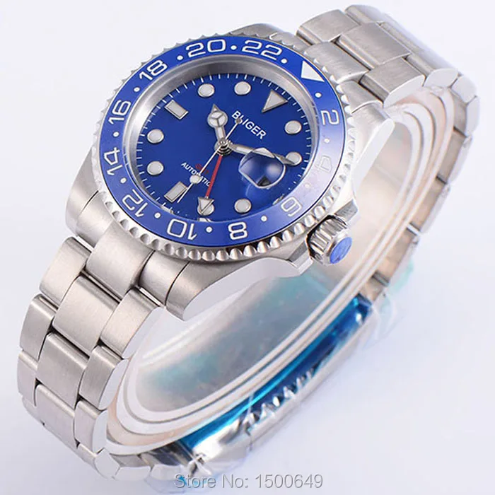 40mm BLIGER red GMT watch hand blue ceramic Bezel blue dial sapphire automatic mens Wristwatches
