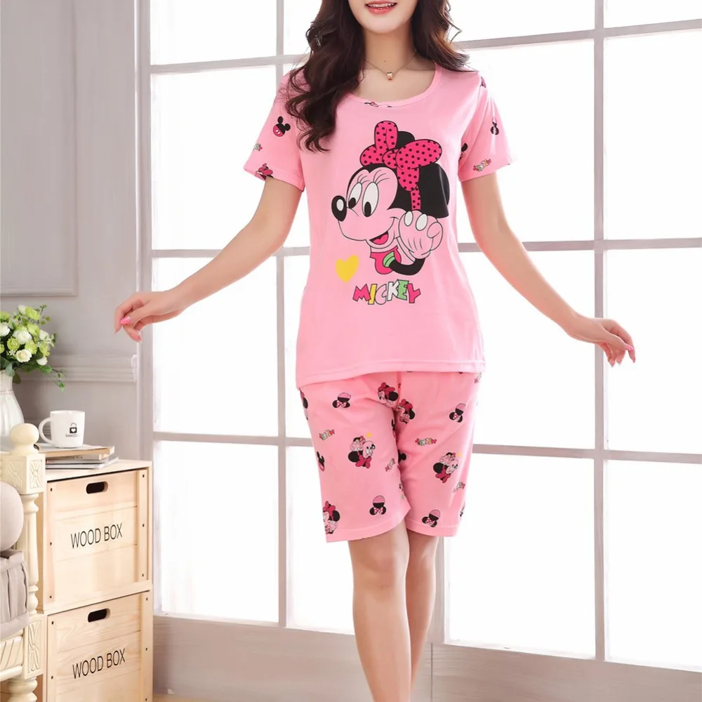 Новые женские Повседневное пижамный комплект мультфильм Печать шею с коротким