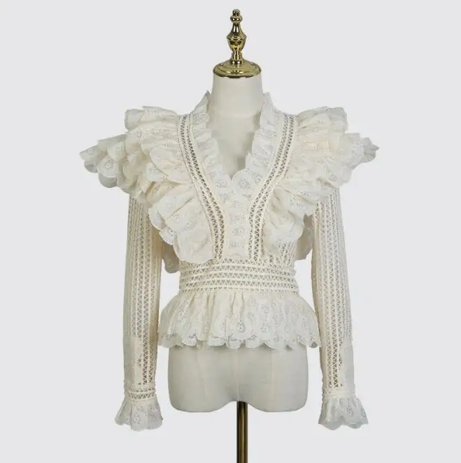 Женская ажурная рубашка с V образным вырезом и оборками|Рубашки| |