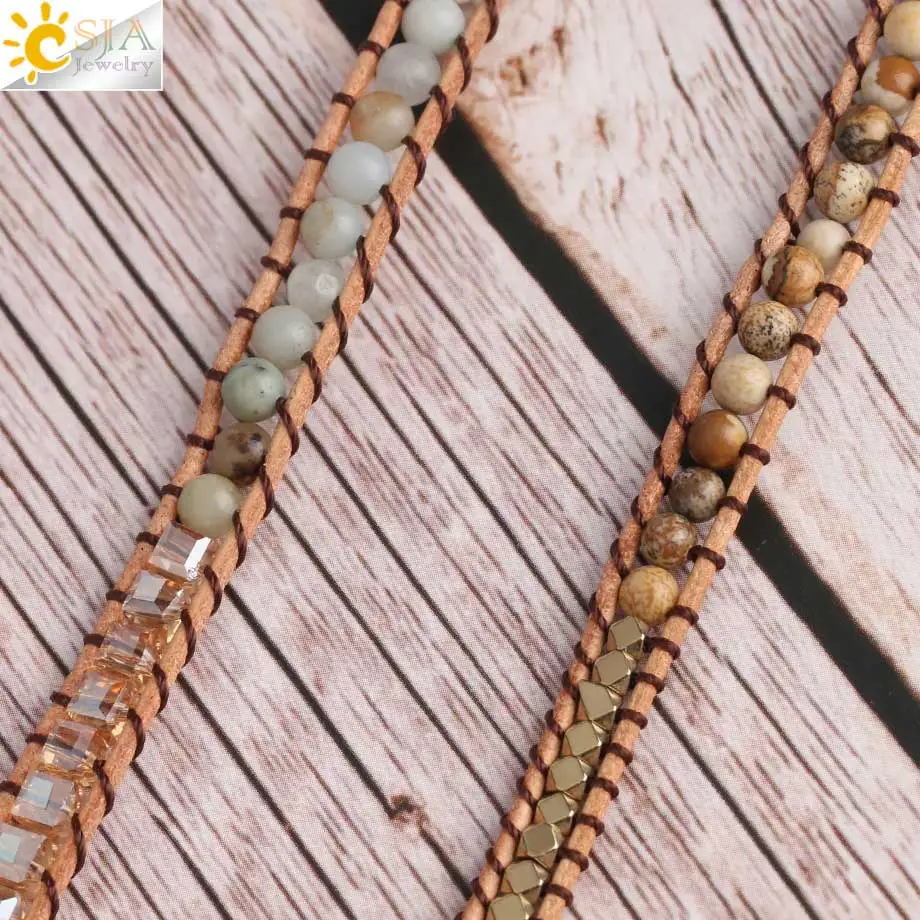 CSJA Boho браслет из натуральной кожи для женщин белый кристаллический натуральный