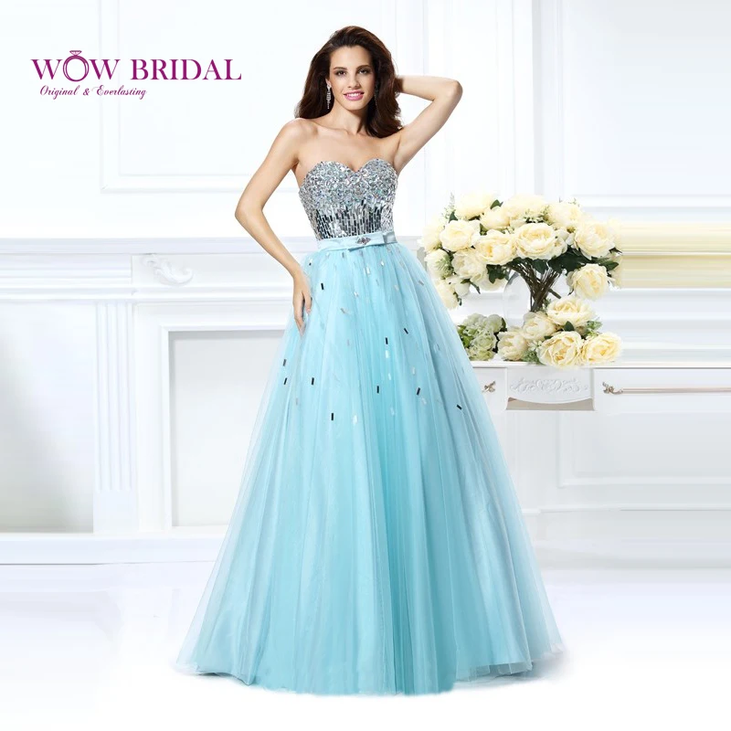 

Wowbridal Graceful Blue Prom Dress 2021 Sweetheart Off the Shoulder Crystal Beaded Open Back with Sash Organza Long Party Dress