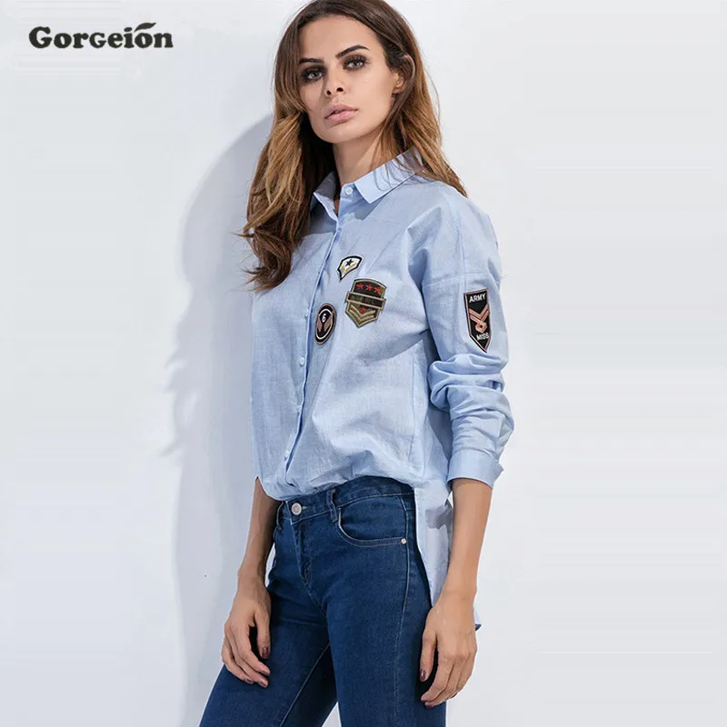 Gorgeion Полосатый Женщины Блузка Повседневная отложным Воротником С Длинным