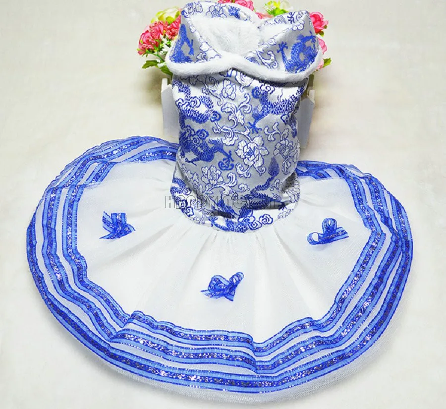 Cute Pet Apparel Dog Clothes Wedding Dress Blue and White Porcelain Pattern Small Dragon Embroidery Thickened Plush CHW235 | Дом и сад