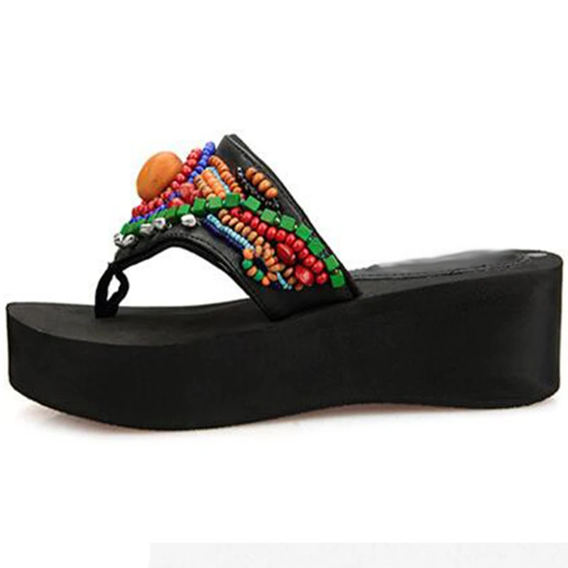 Богемные женские летние шлепанцы на платформе в национальном стиле со шнурками и