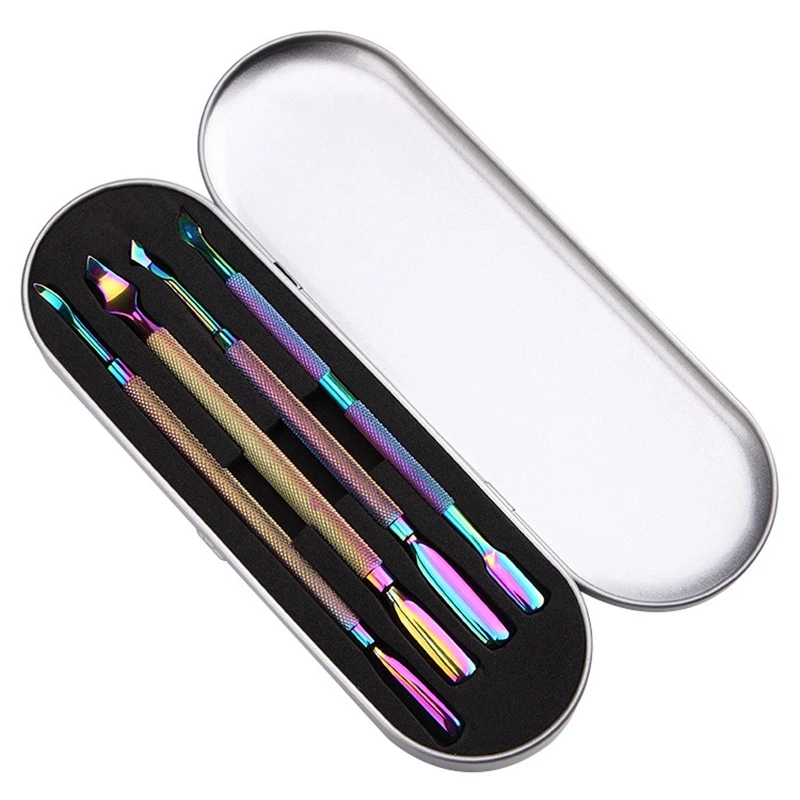 

4pcs/Set Colorful Electroplate Stainless Steel Nail Cuticle Pusher Cuticle Remover Manicure Nail Art DIY Salon Tools with Case
