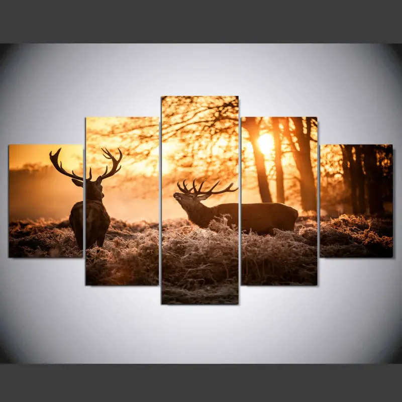 5 панелей парусина с принтом лося огни на закате картина постер домашний декор