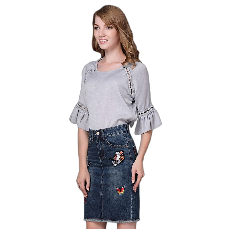 Плюс размер синяя джинсовая юбка 2017 Осенняя Новая повседневная вышитая с высокой