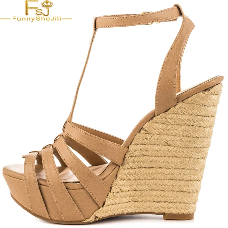 

Khaki Peep Toe Platform Heels Buckle T Strap Wedges Sandals Party Date Fashion Woman Shoes 2021 Plus US Size 14 15 16 FSJ