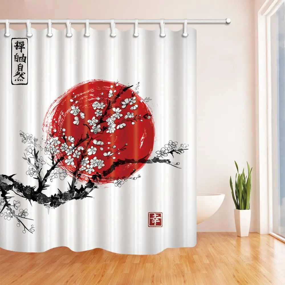Японская чернильная живопись цветок занавеска для душа s Sakura в цвету и красное