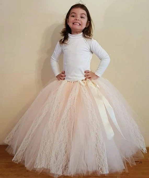 Шикарная детская юбка пачка цвета слоновой кости и шампанского с кружевом для