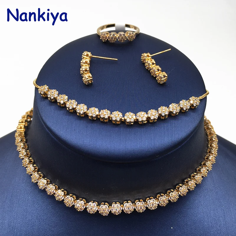 Nankiya Classic Micro Paved Cubic Zirconia Adjustable Choker Jewelry Set Necklace Bracelet Earring For Women Sliver G NC451 | Украшения и