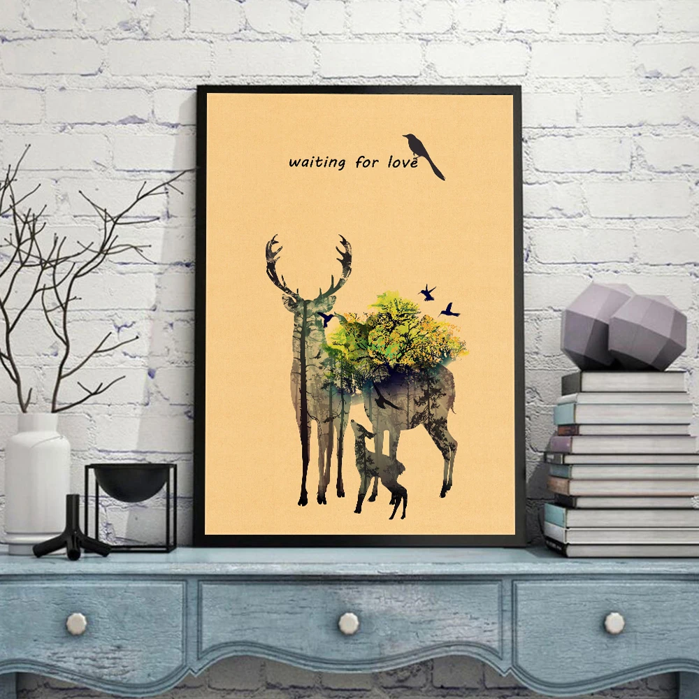 Лось и птицы Kraft стены Стикеры Ретро Классический плакат Home Decor для кафе бар