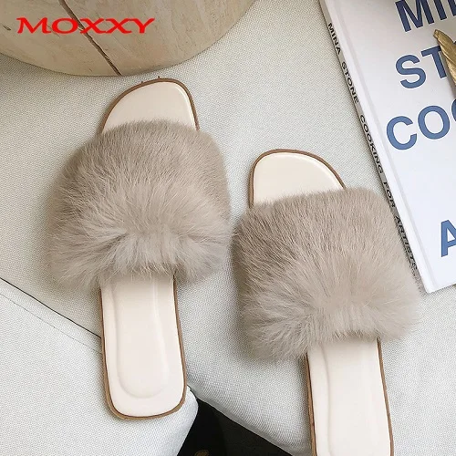 Beige Новые женские меховые тапочки женские пушистые тапочки женская обувь меховые тапочки зимние домашние тапочки на плоской подошве меховые шлепанцы - Цвет: Beige